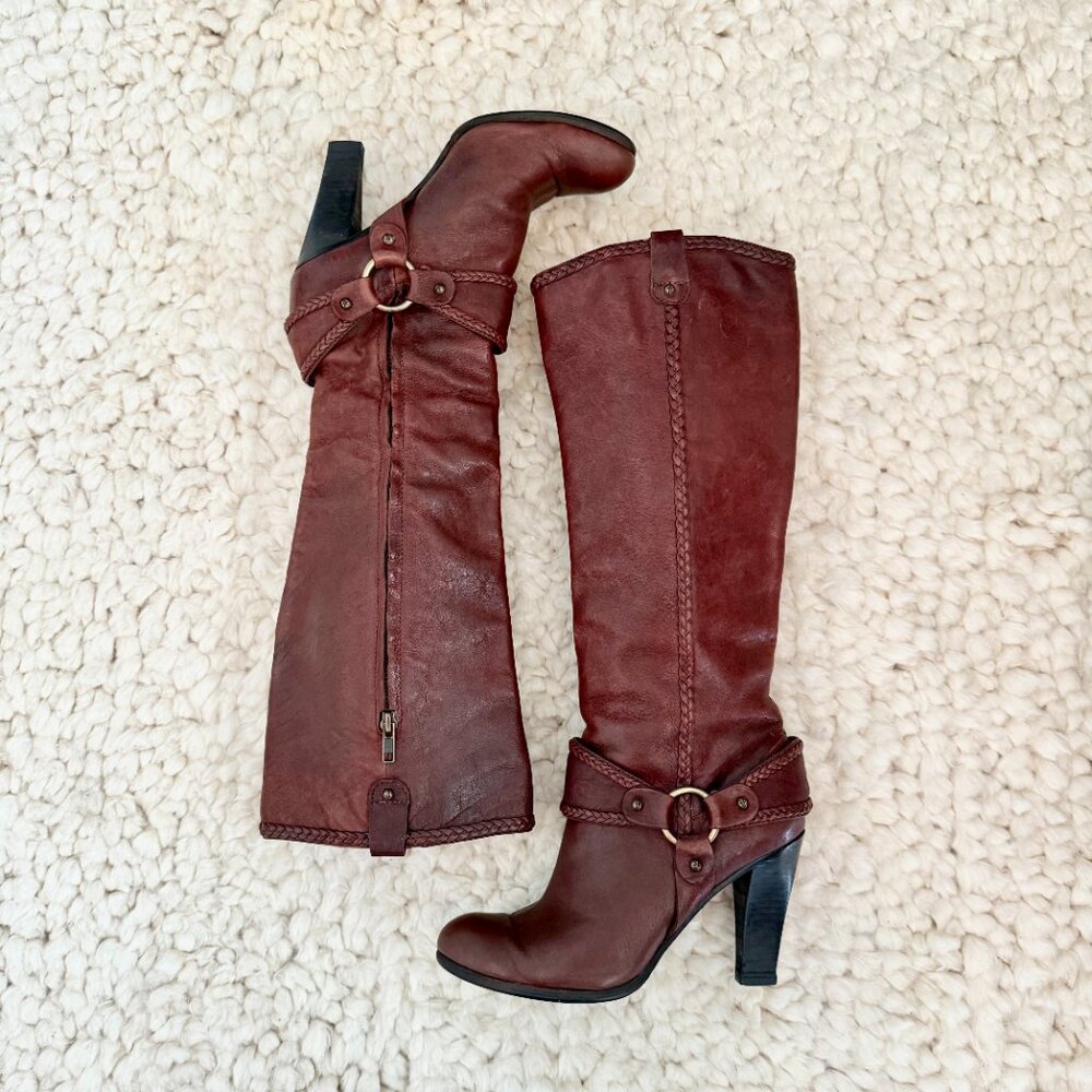 Frye Vicki Tall Braided Harness Leather Boots in Saddle